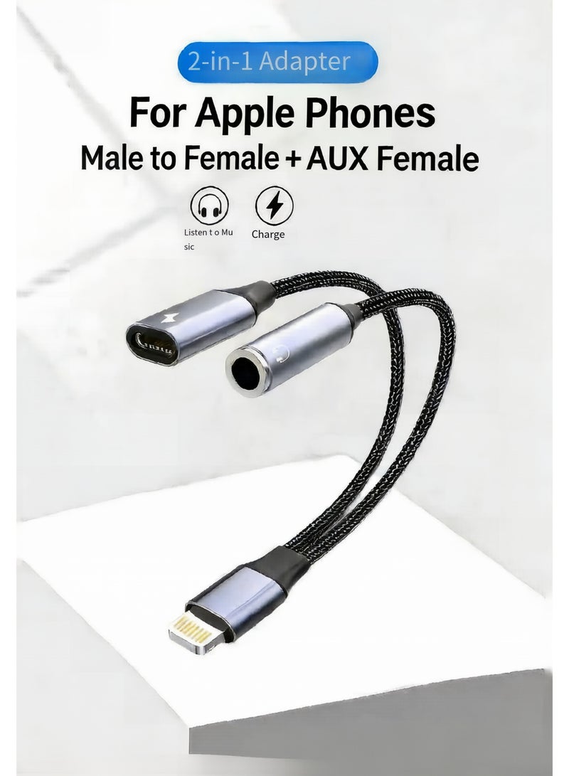 محول Lightning إلى مقبس سماعة رأس 3.5 مم لأجهزة iPhone، يتميز بوظيفة مزدوجة كمحول ومقسم بين الجهاز ومقبس سماعة الرأس. اشحن واستمع في نفس الوقت. متوافق مع أجهزة iOS: الهواتف/الأجهزة اللوحية/iPhone 14/13/12/11/XS/XR/X/8/7. - Image 2